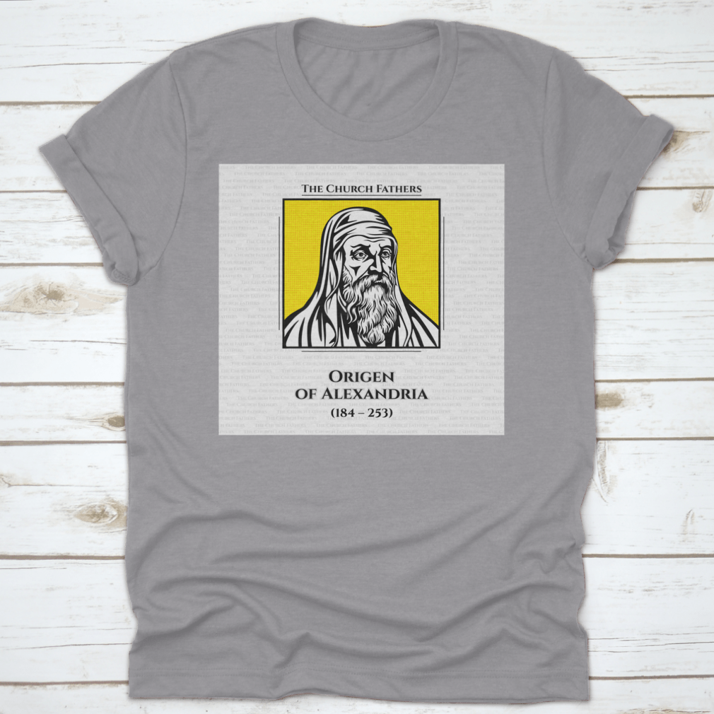 A comfortable cotton t-shirt featuring the Early Christian Scholar Origen, showcasing a classic fit and durable design.